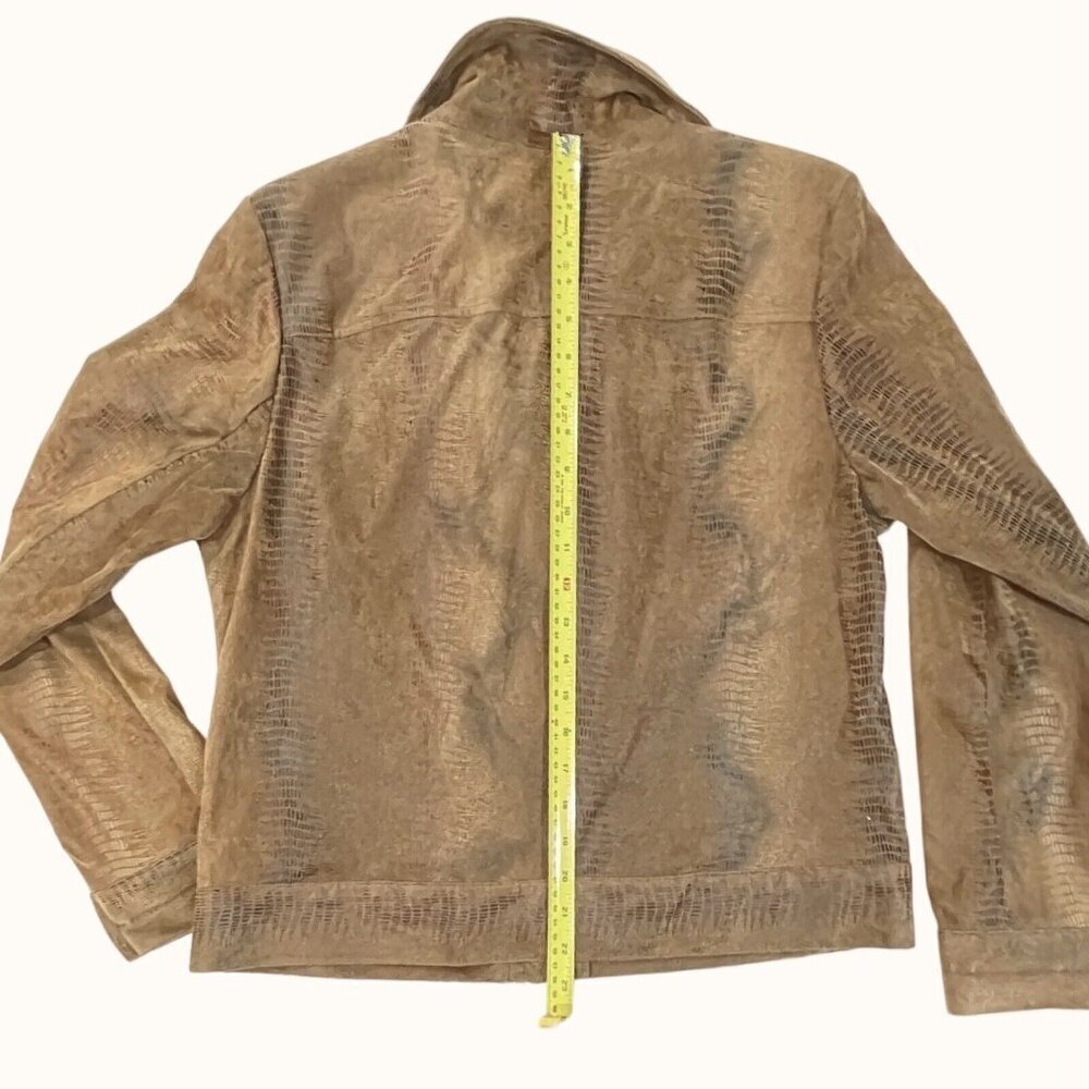 BIRCH HILL Snakeskin Moto Trucker Jacket Women Medium Brown Multi Faux‎ Suede - Picture 14 of 14